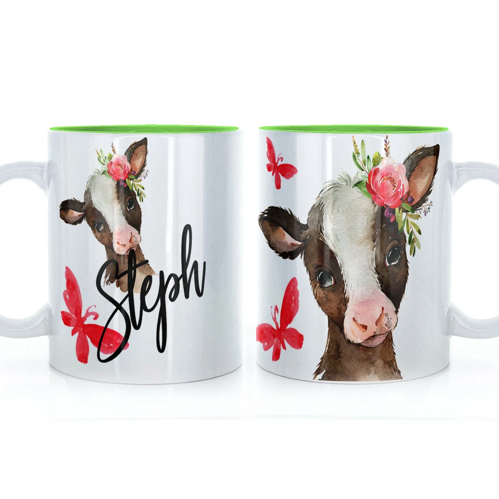 Personalised Mug with Stylish Text and Pink Flower Brown Cow & Red Butterfly