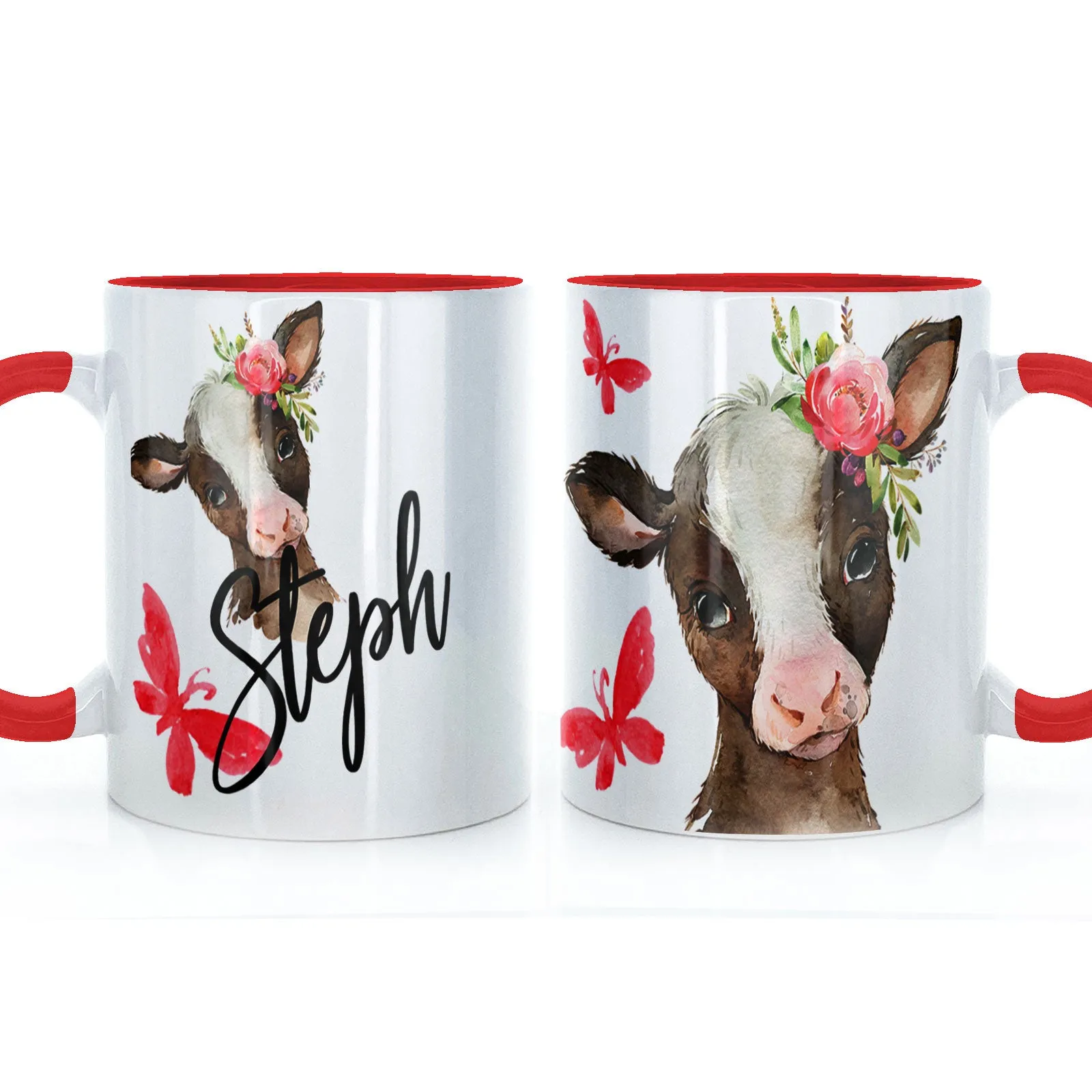Personalised Mug with Stylish Text and Pink Flower Brown Cow & Red Butterfly