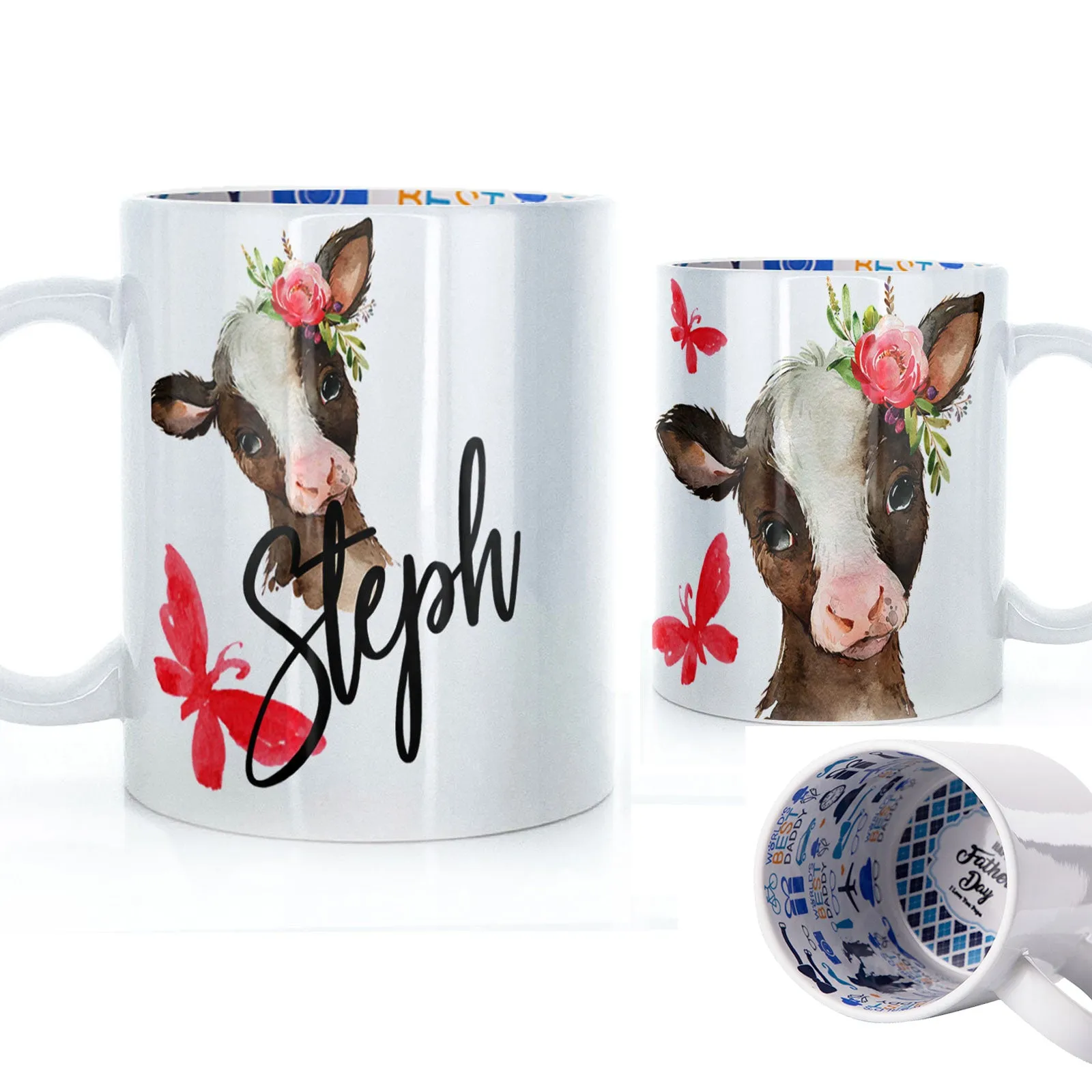 Personalised Mug with Stylish Text and Pink Flower Brown Cow & Red Butterfly
