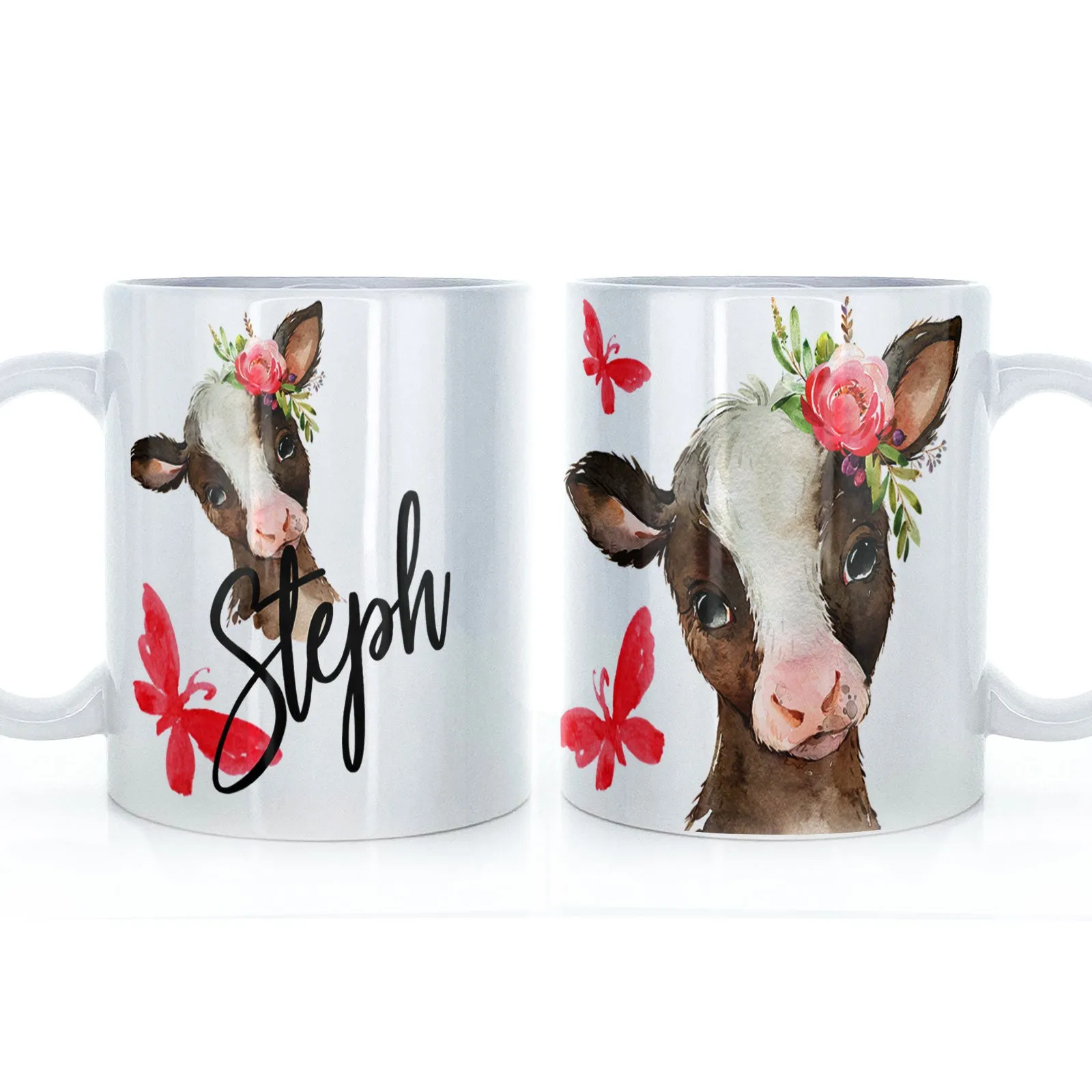 Personalised Mug with Stylish Text and Pink Flower Brown Cow & Red Butterfly
