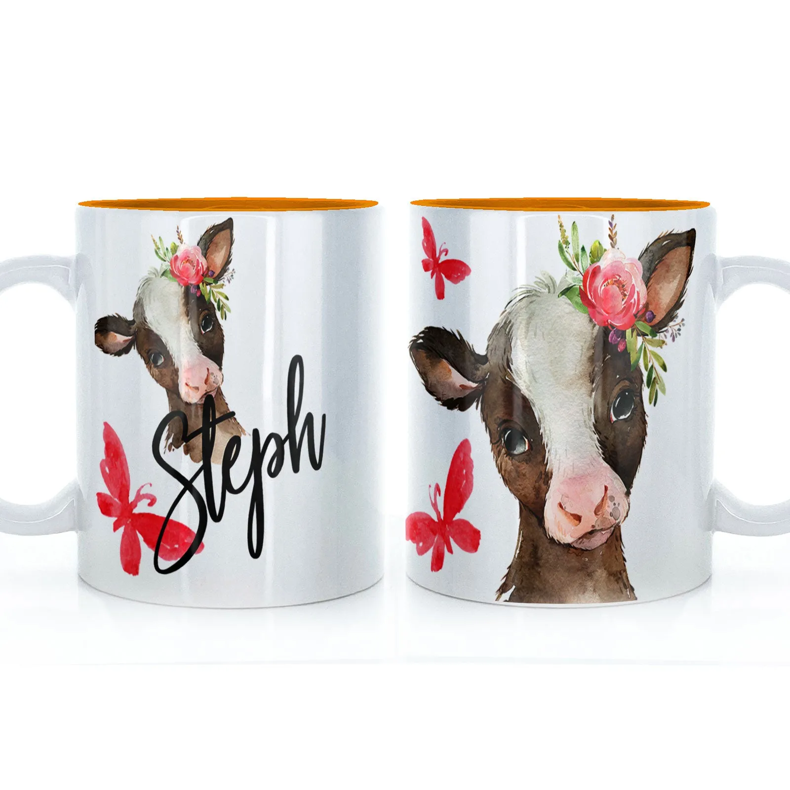 Personalised Mug with Stylish Text and Pink Flower Brown Cow & Red Butterfly