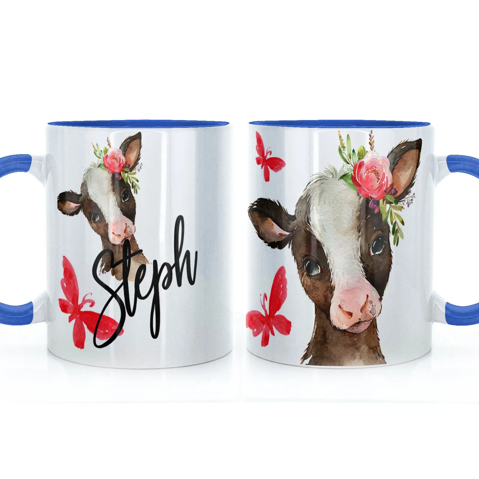 Personalised Mug with Stylish Text and Pink Flower Brown Cow & Red Butterfly