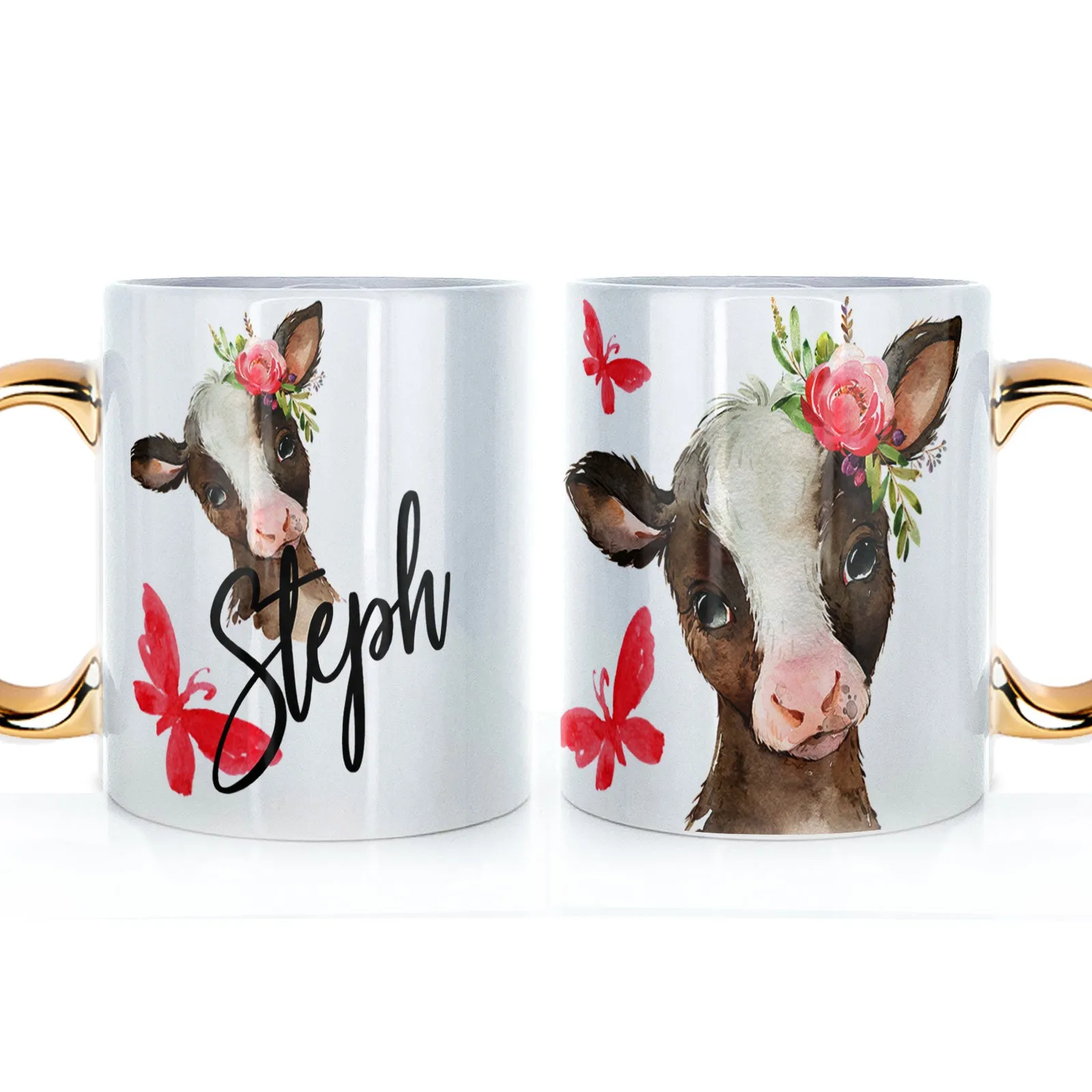 Personalised Mug with Stylish Text and Pink Flower Brown Cow & Red Butterfly