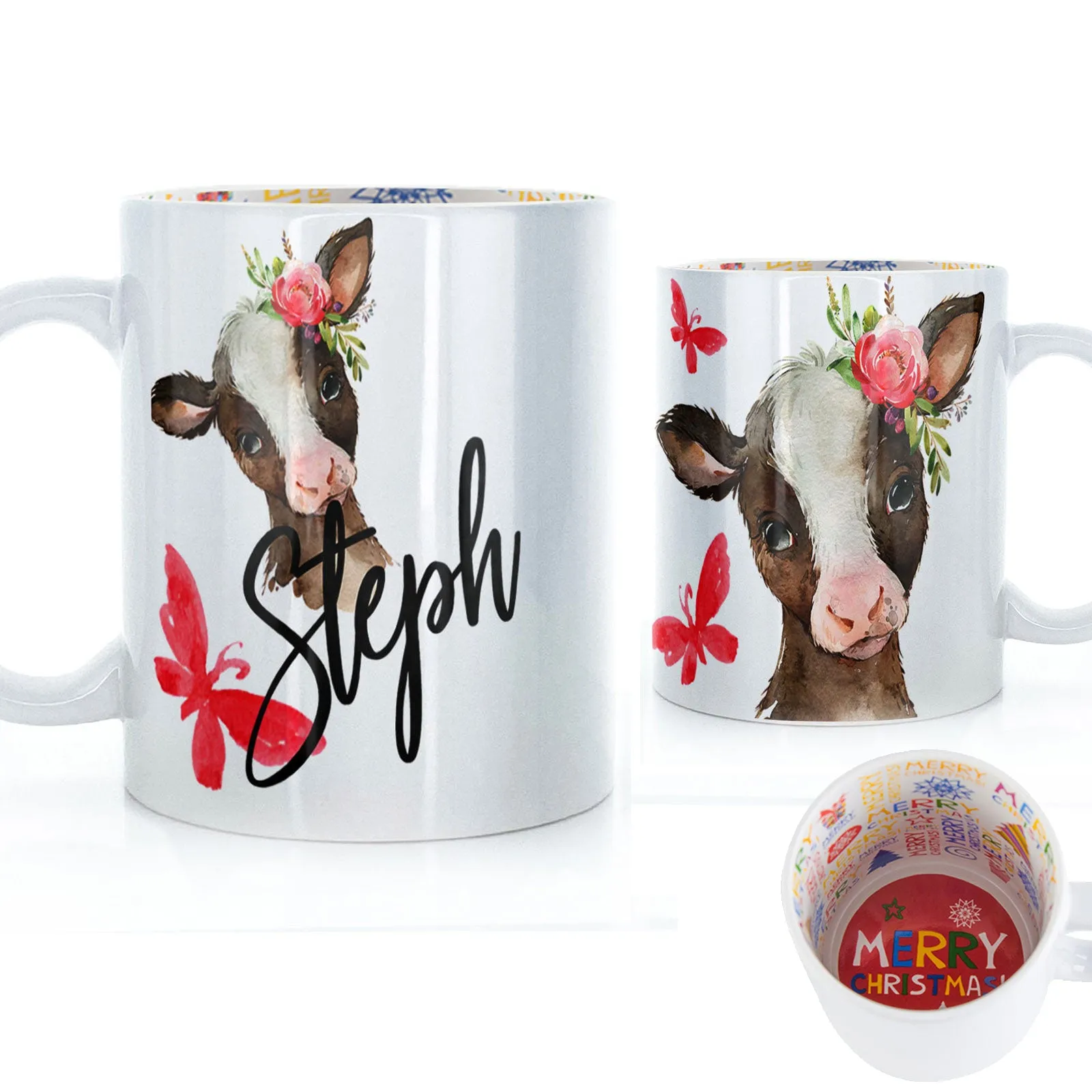 Personalised Mug with Stylish Text and Pink Flower Brown Cow & Red Butterfly