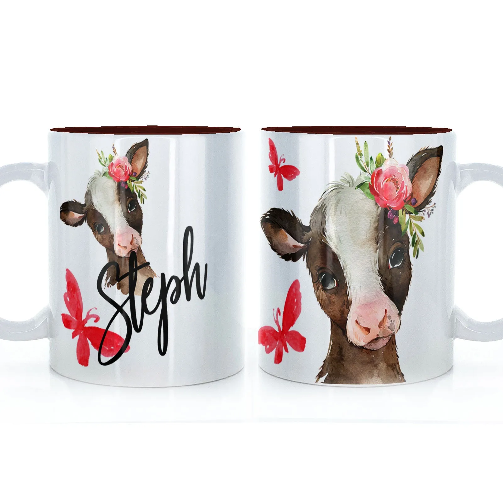 Personalised Mug with Stylish Text and Pink Flower Brown Cow & Red Butterfly