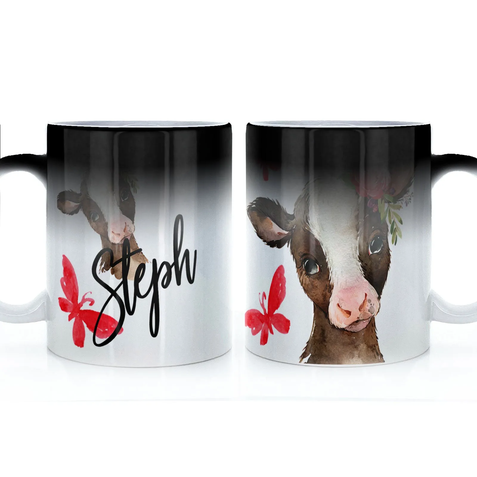 Personalised Mug with Stylish Text and Pink Flower Brown Cow & Red Butterfly