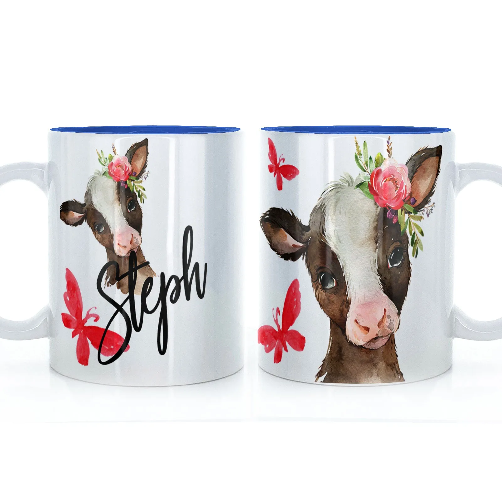 Personalised Mug with Stylish Text and Pink Flower Brown Cow & Red Butterfly