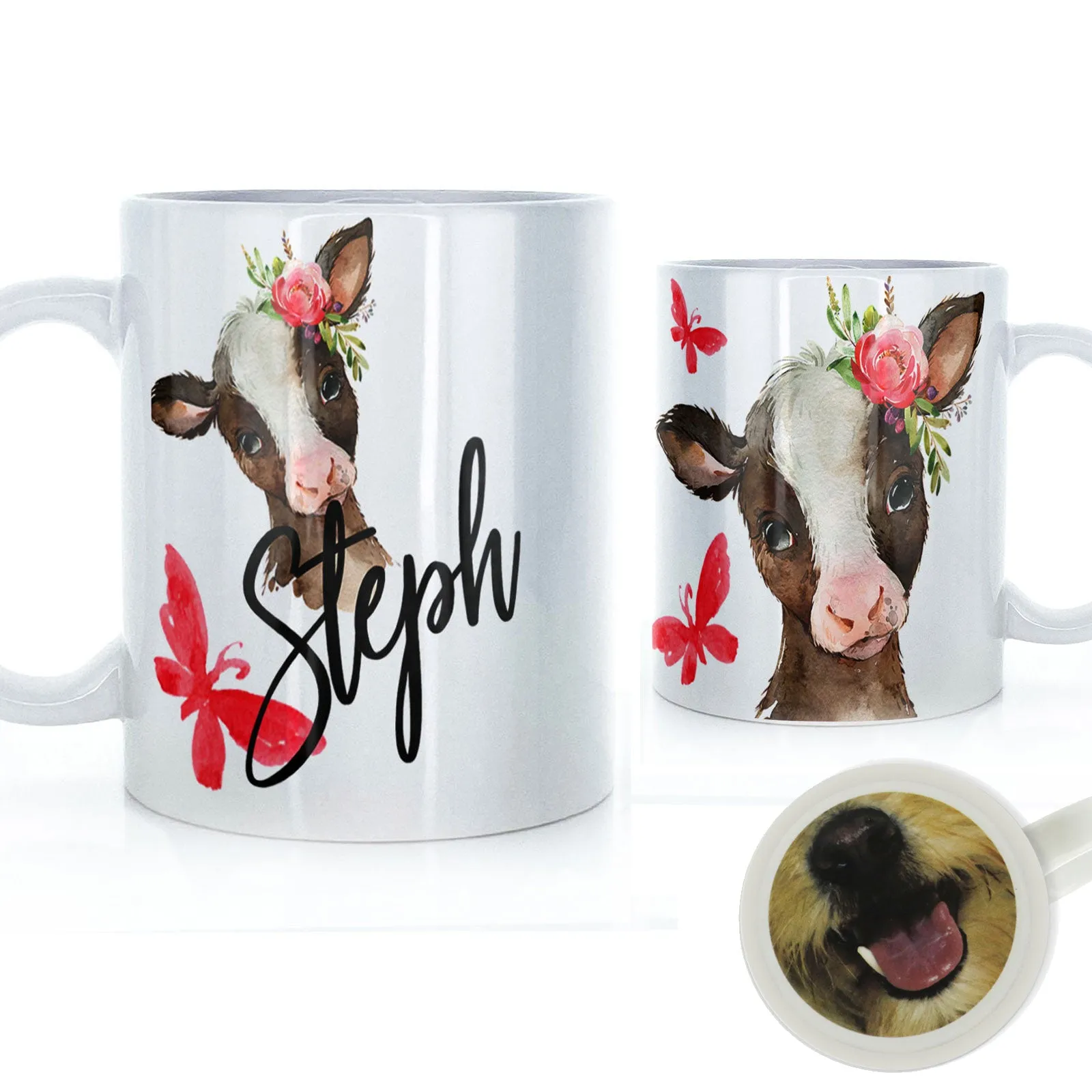 Personalised Mug with Stylish Text and Pink Flower Brown Cow & Red Butterfly
