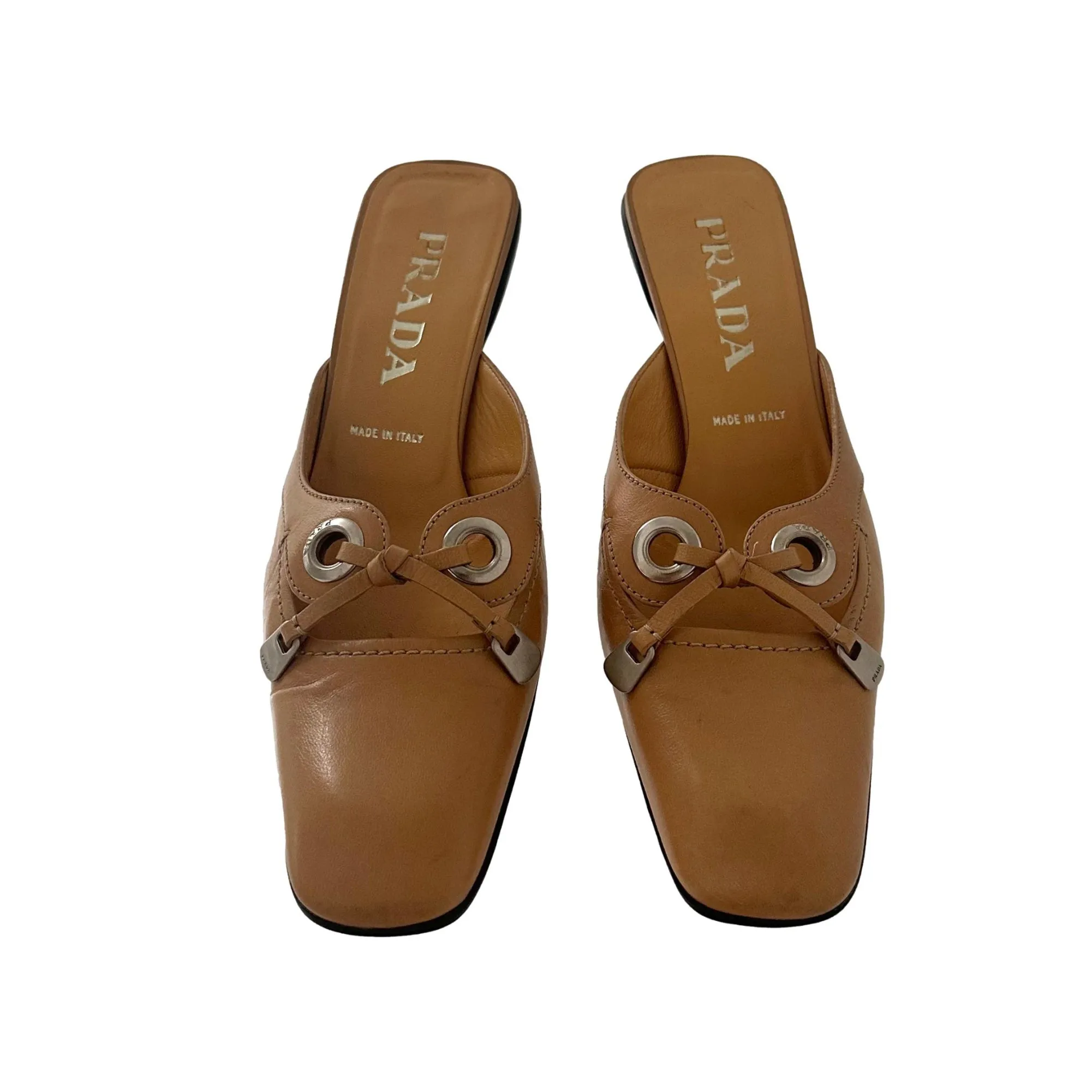Prada Tan Logo Tie Heels