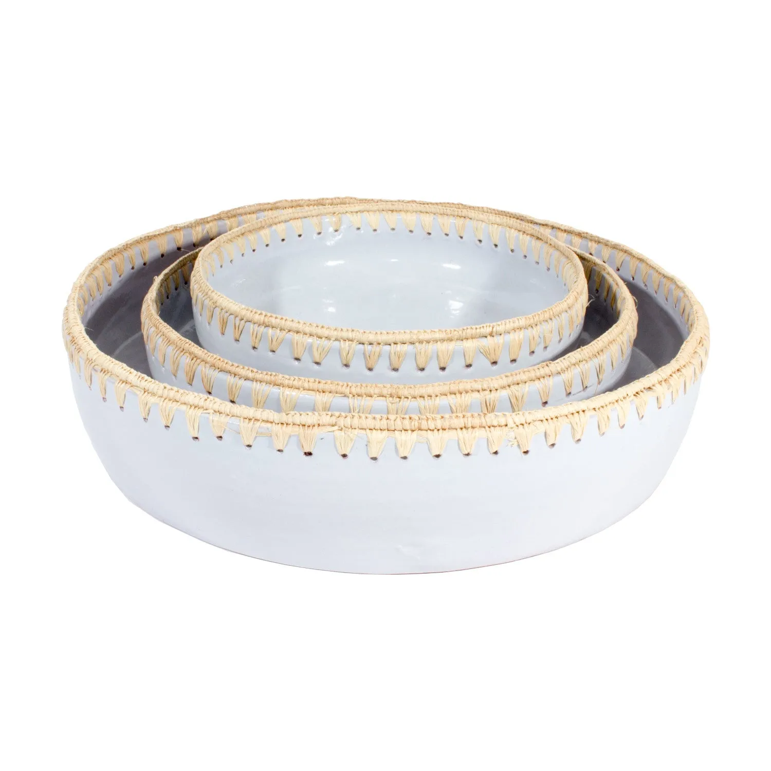 Raffia Trim Pale Blue Glazed Bowls Handmade in Morocco