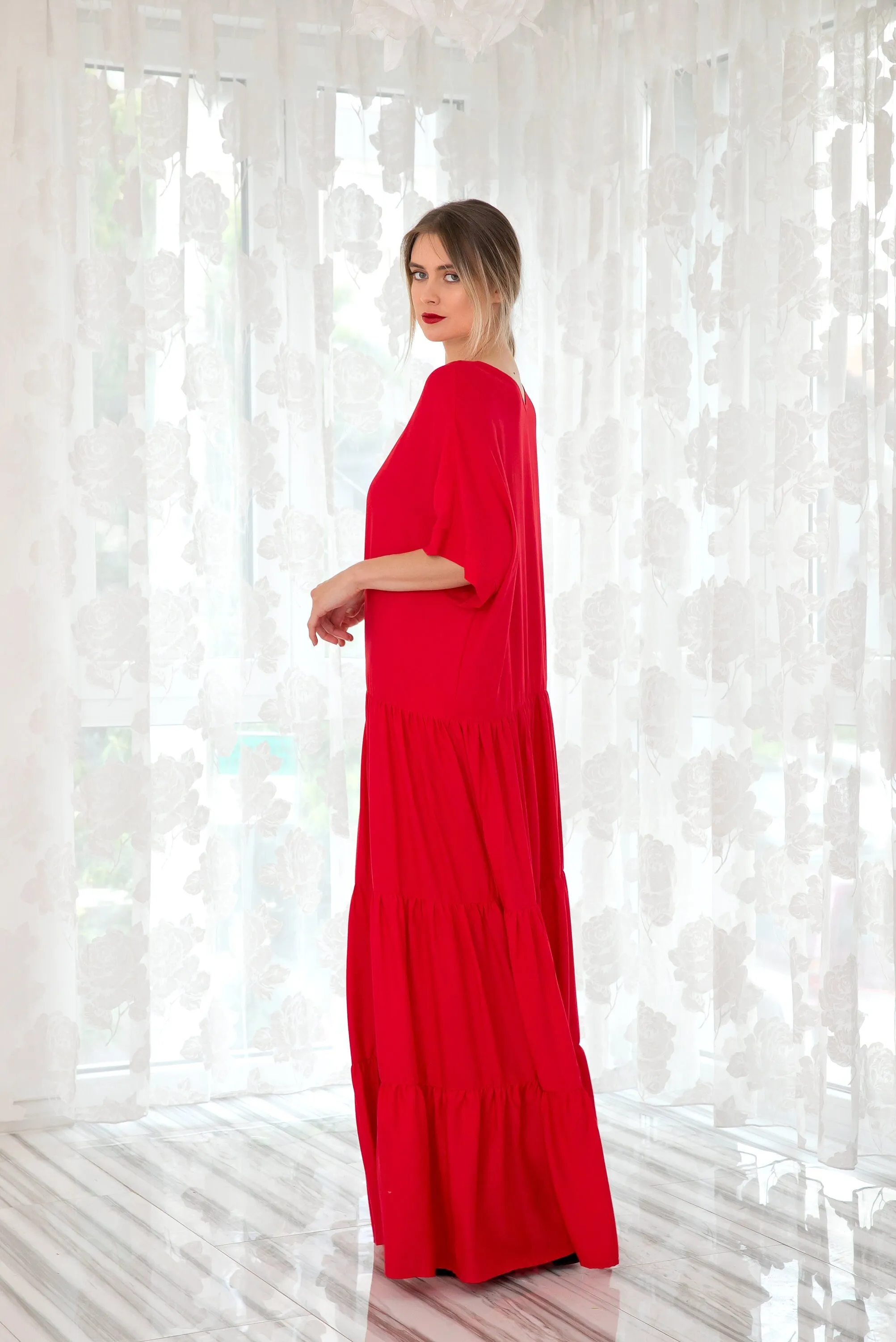 Red Maxi Dress With Loose Fit, Minimalist Kaftan Dress For Woman, Plus Size Maternity Dress