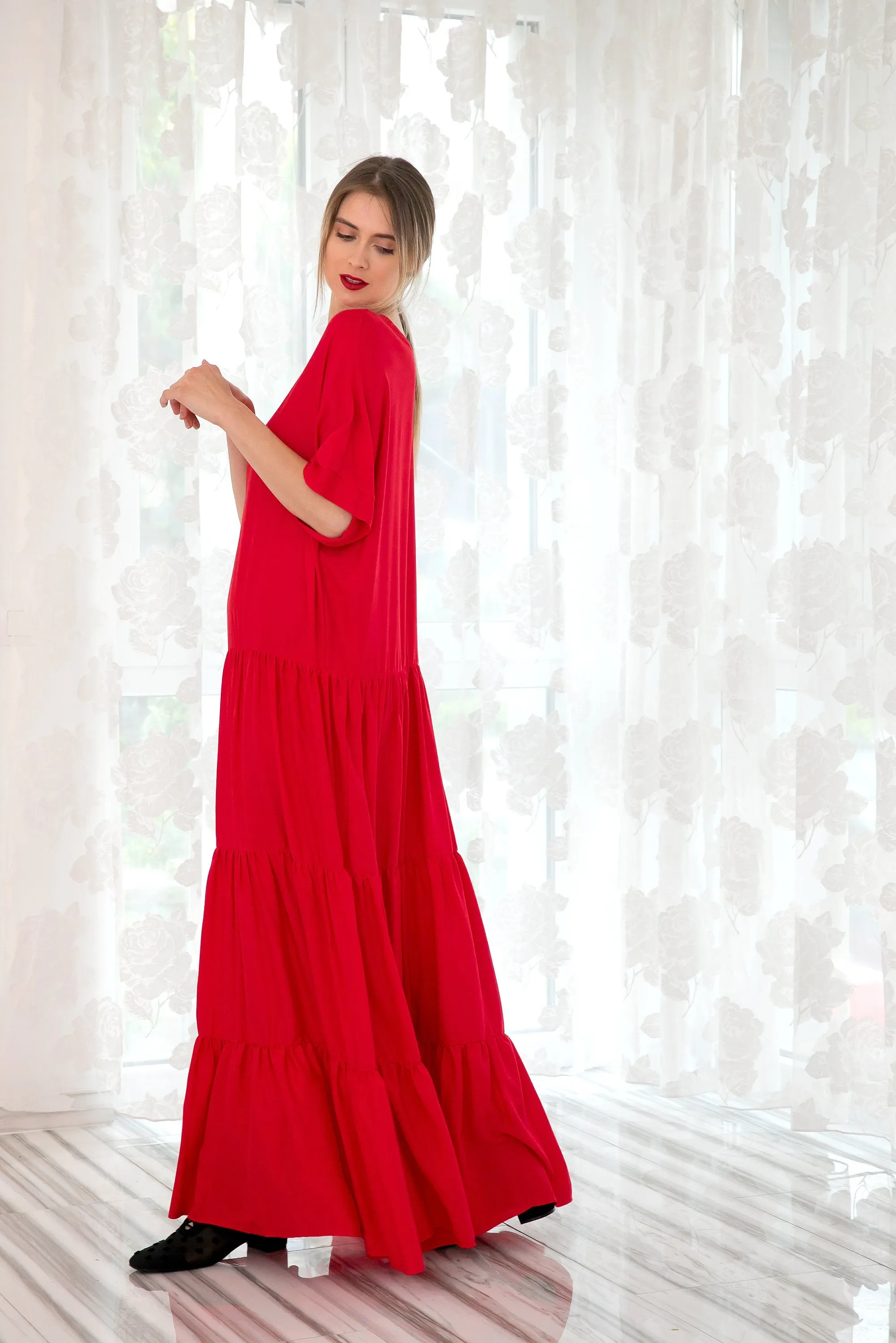 Red Maxi Dress With Loose Fit, Minimalist Kaftan Dress For Woman, Plus Size Maternity Dress