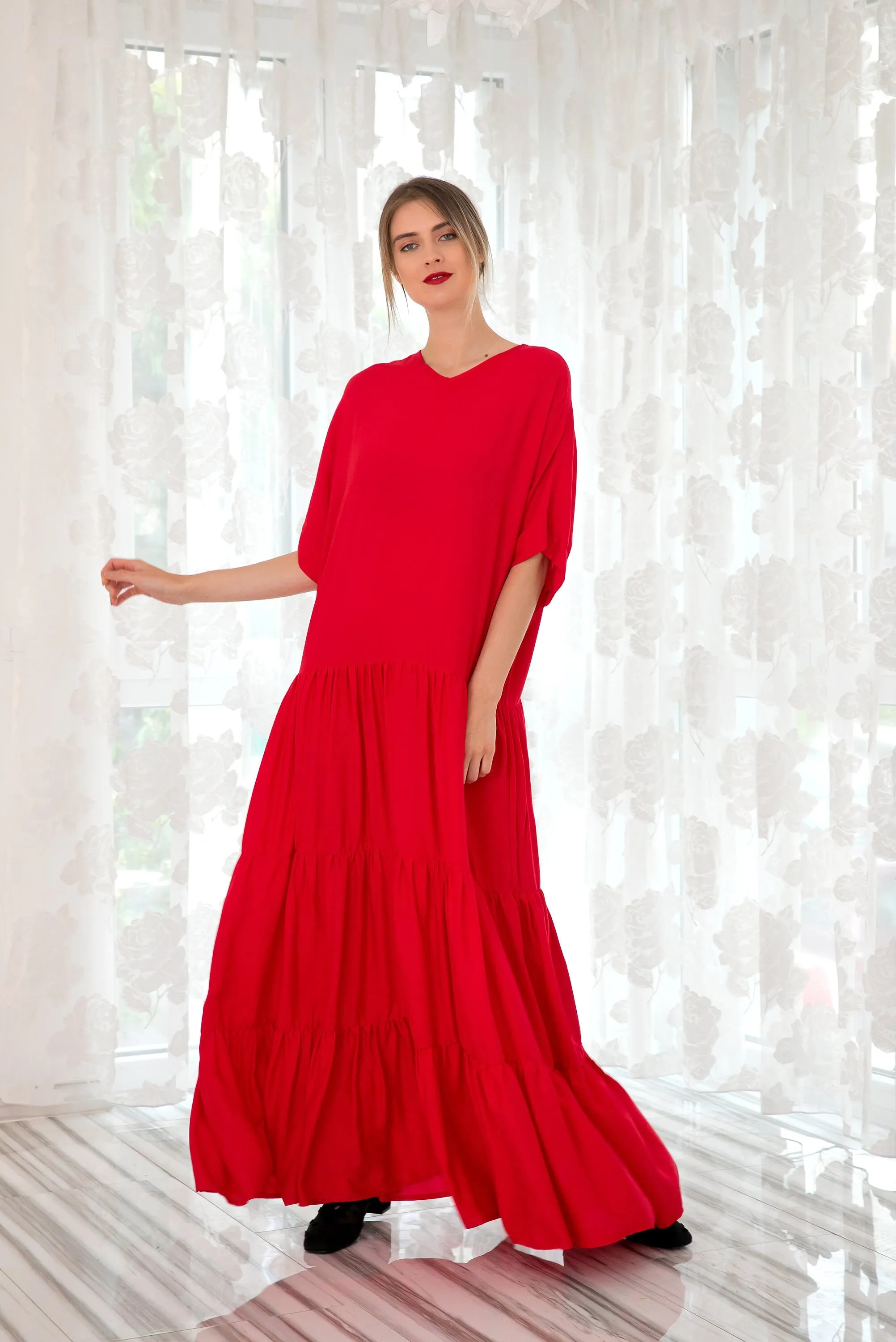 Red Maxi Dress With Loose Fit, Minimalist Kaftan Dress For Woman, Plus Size Maternity Dress