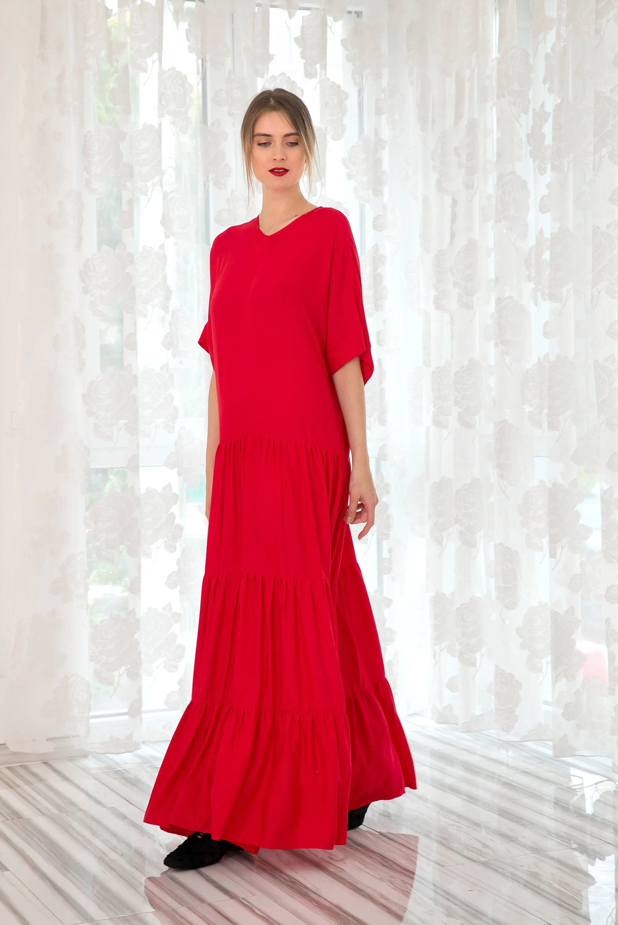 Red Maxi Dress With Loose Fit, Minimalist Kaftan Dress For Woman, Plus Size Maternity Dress