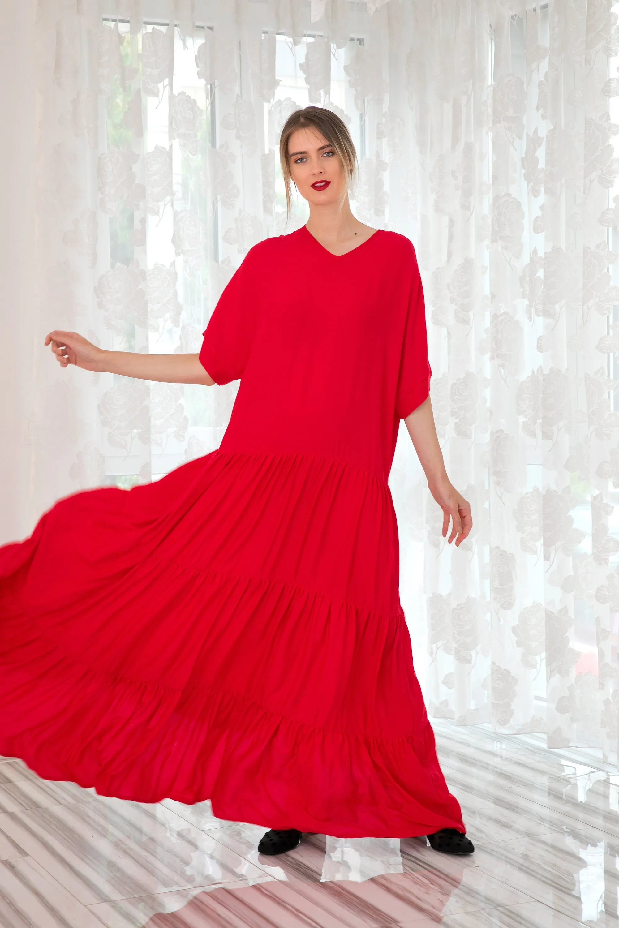 Red Maxi Dress With Loose Fit, Minimalist Kaftan Dress For Woman, Plus Size Maternity Dress