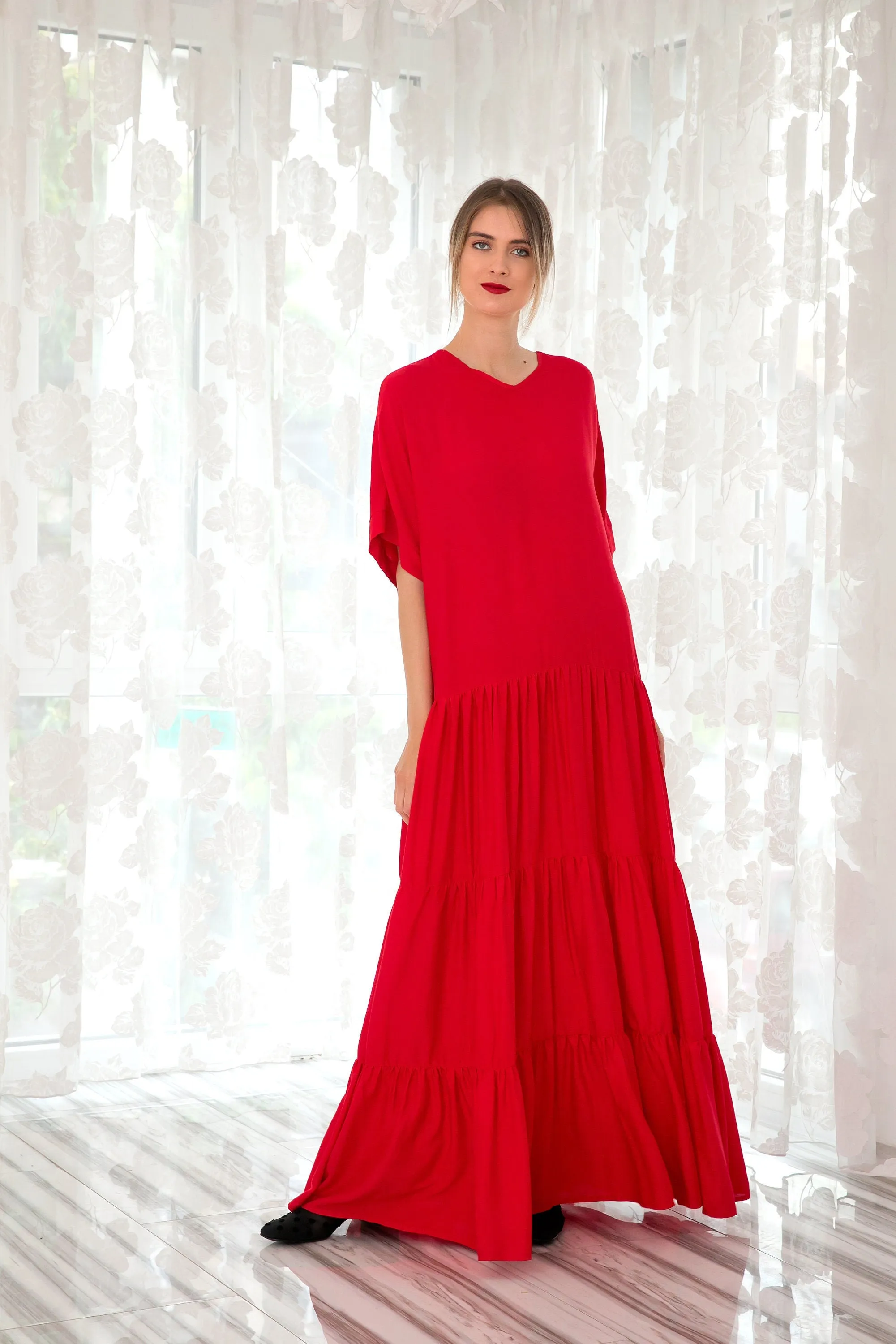 Red Maxi Dress With Loose Fit, Minimalist Kaftan Dress For Woman, Plus Size Maternity Dress
