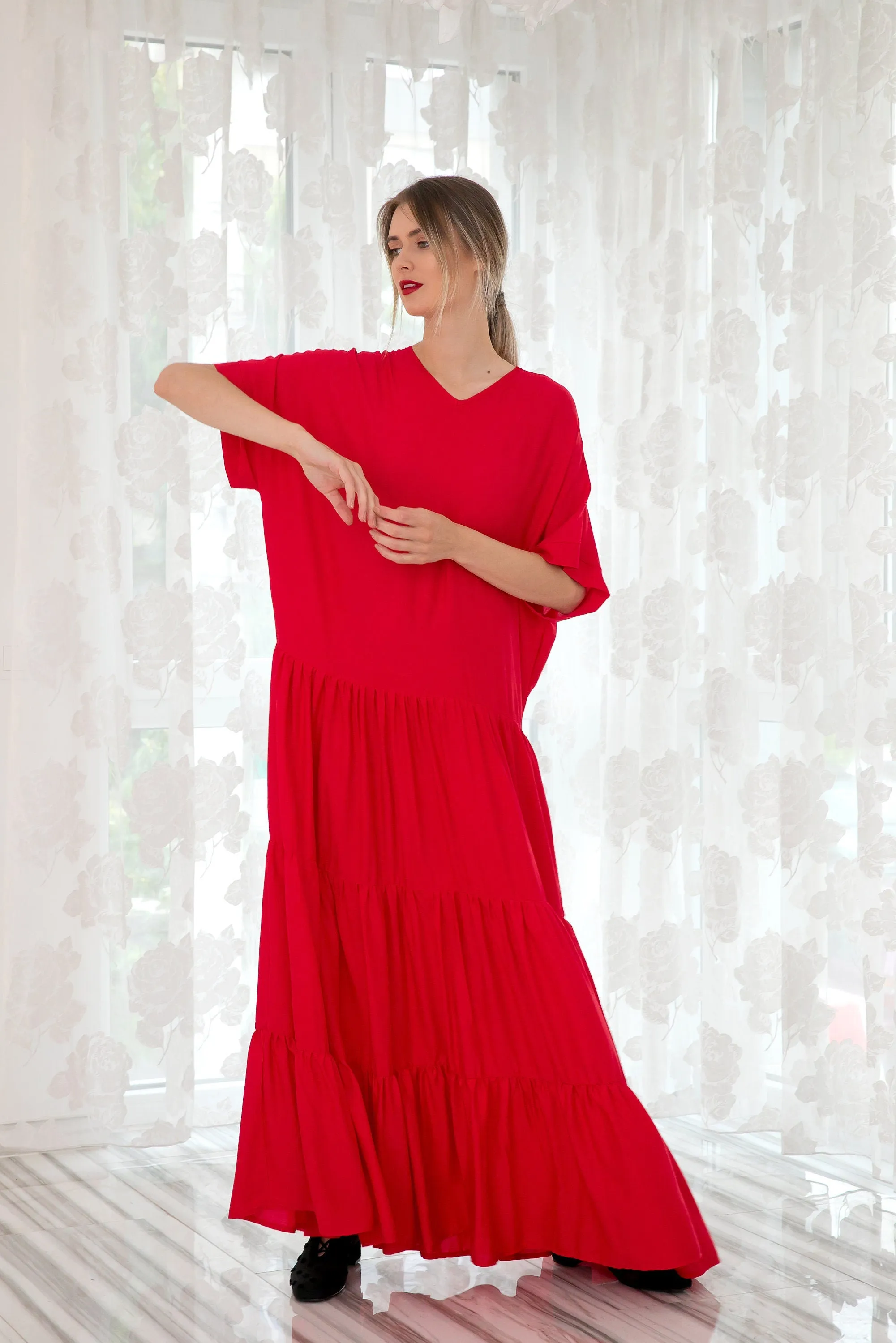 Red Maxi Dress With Loose Fit, Minimalist Kaftan Dress For Woman, Plus Size Maternity Dress