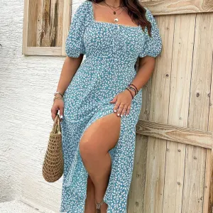Short Sleeve Split Floral Print Dress