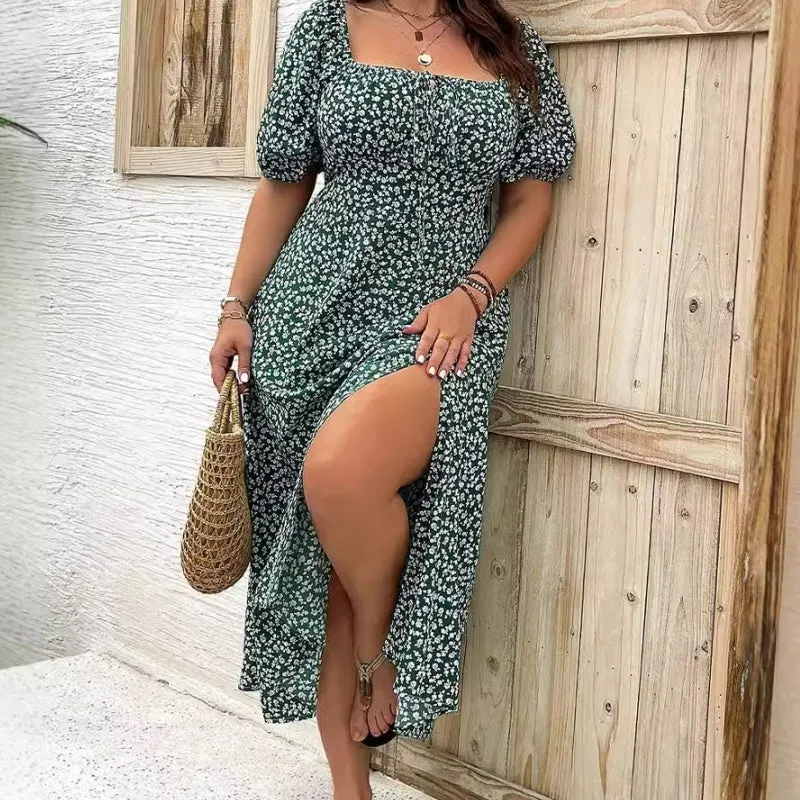 Short Sleeve Split Floral Print Dress
