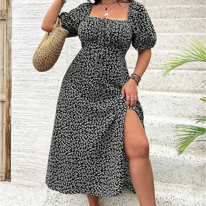 Short Sleeve Split Floral Print Dress