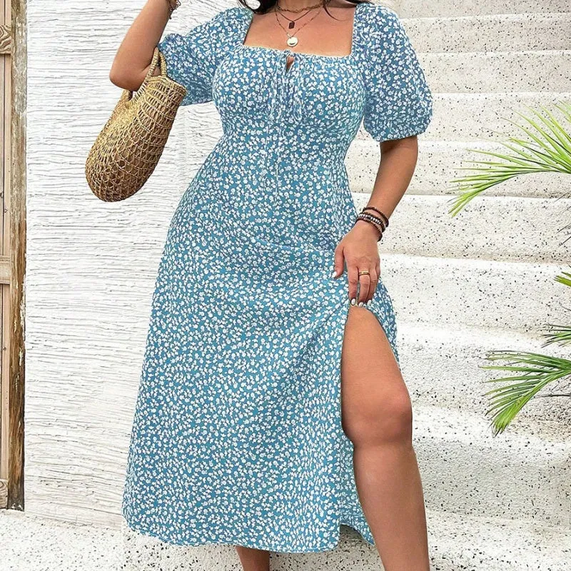 Short Sleeve Split Floral Print Dress
