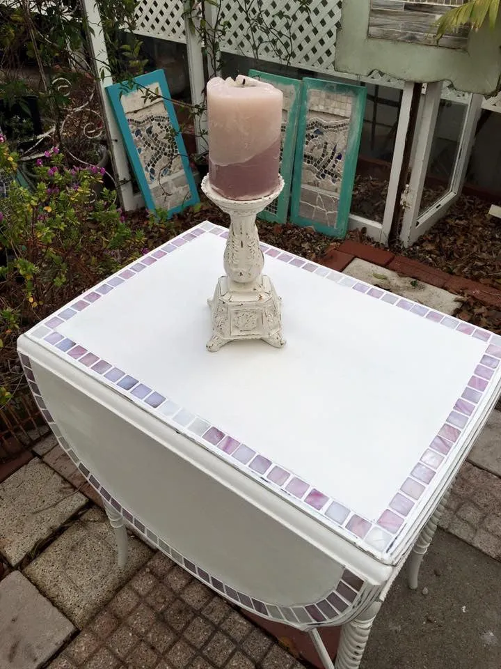 SOLD! Vintage, Shabby Chic, Side Table, Entry Table, Drop Leaf, White, Lavender Mother of Pearl Inlay, Mosiac