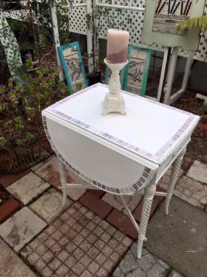 SOLD! Vintage, Shabby Chic, Side Table, Entry Table, Drop Leaf, White, Lavender Mother of Pearl Inlay, Mosiac