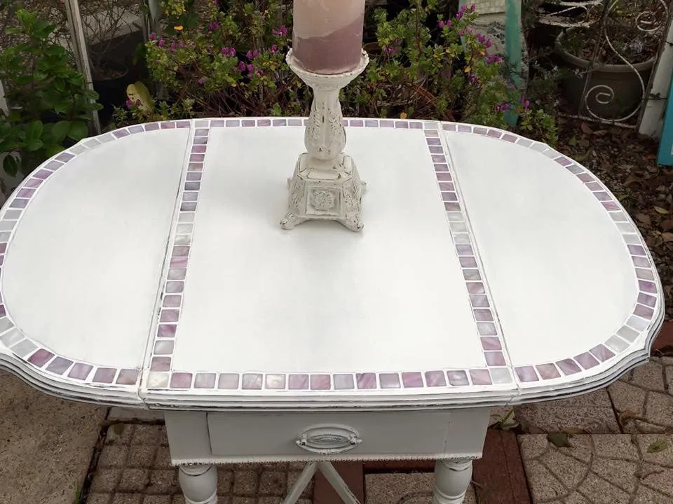 SOLD! Vintage, Shabby Chic, Side Table, Entry Table, Drop Leaf, White, Lavender Mother of Pearl Inlay, Mosiac