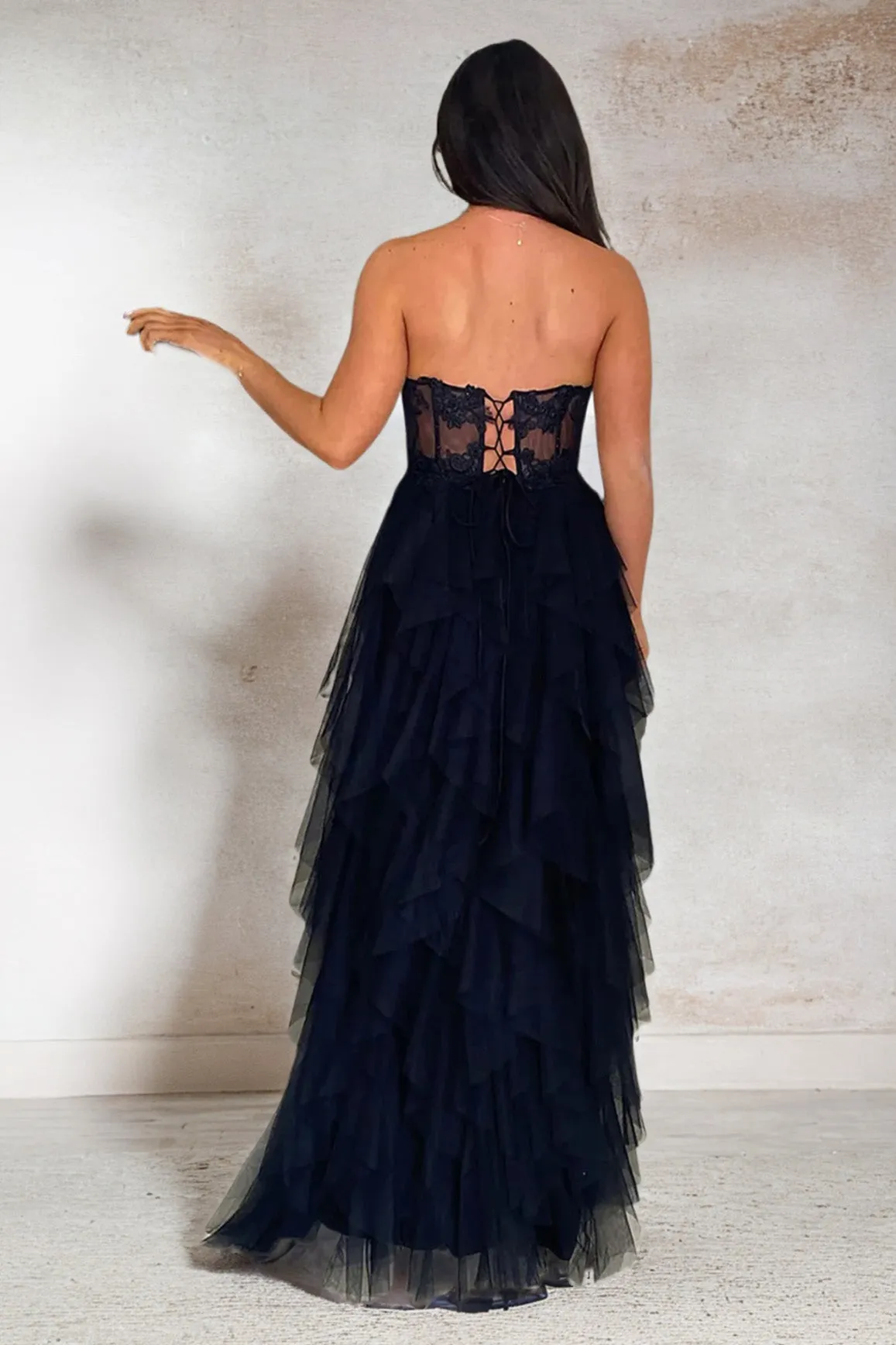 Strapless See-through Tulle Prom Party Dress with Slit