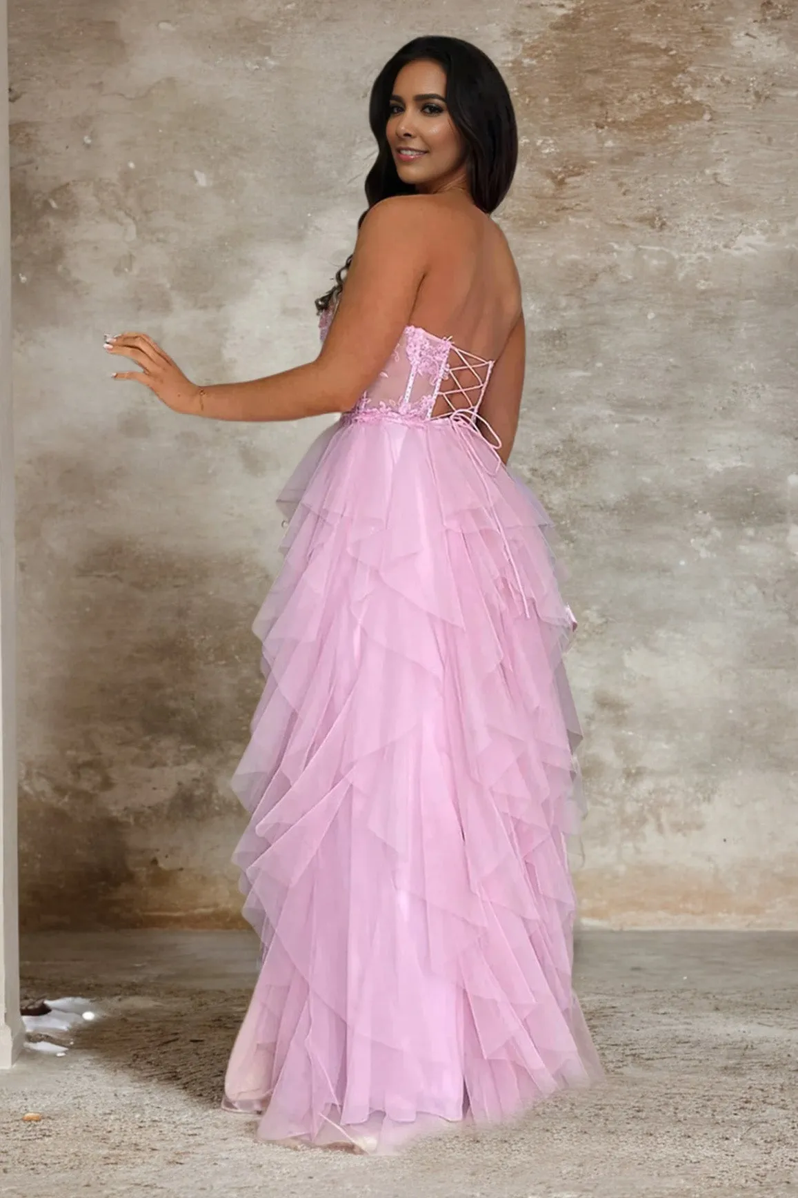 Strapless See-through Tulle Prom Party Dress with Slit