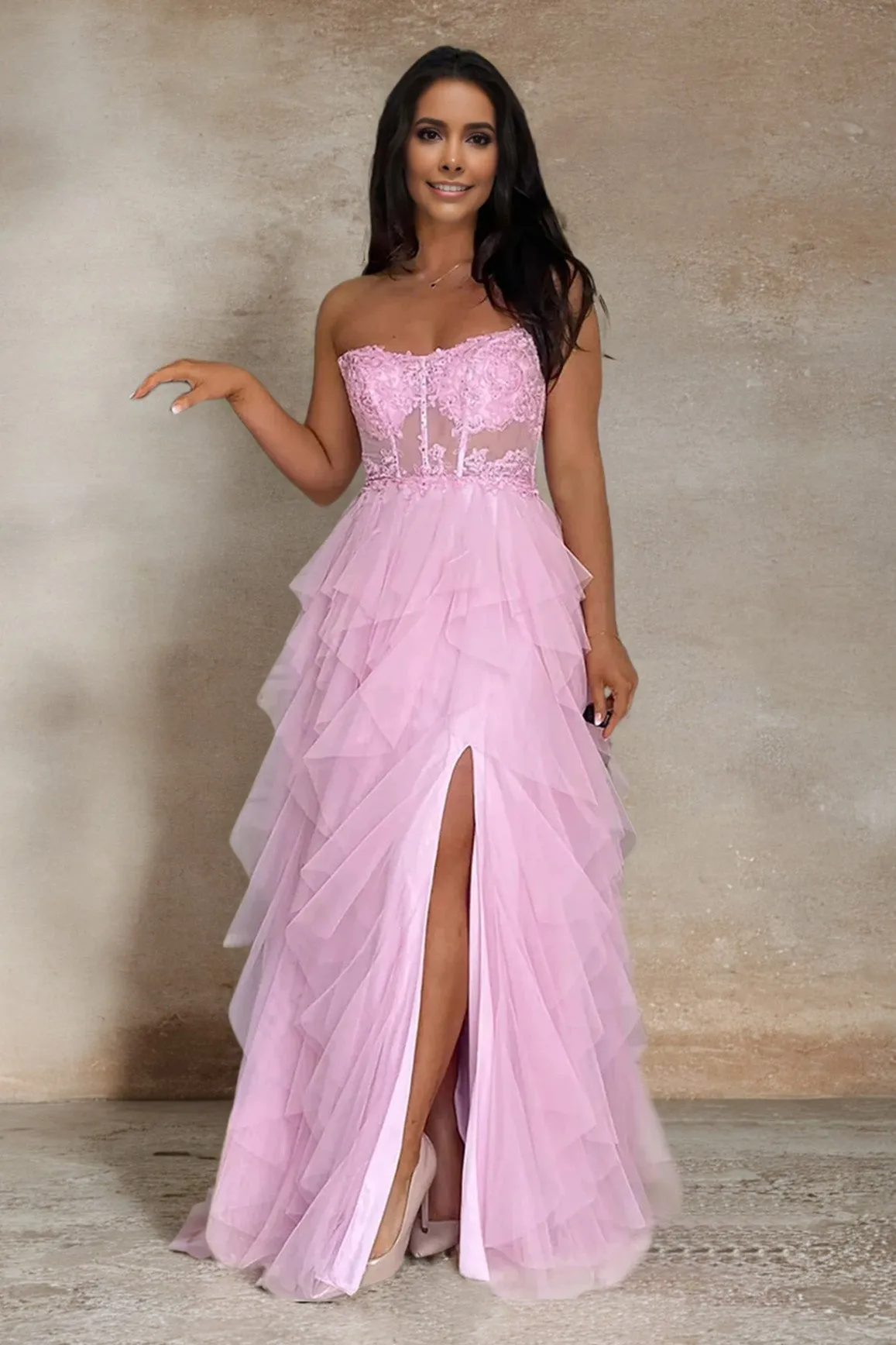 Strapless See-through Tulle Prom Party Dress with Slit