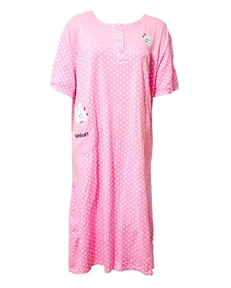 Stylish Hot Pink Long Nighty With Front Buttons 903 - Women Nightdress