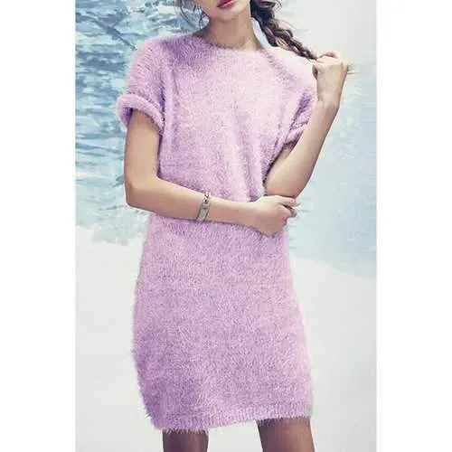 Stylish Round Neck Short Sleeve Mohair Women's Sweater Dress - Light Purple M