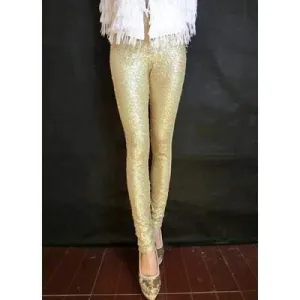 Stylish Solid Color Sequin Spliced Bodycon Leggings For Women - Golden One Size(fit Size Xs To M)