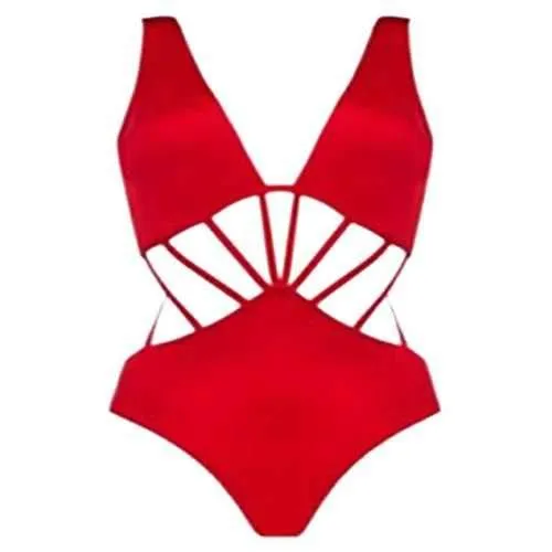 Stylish Solid Color String Spliced One-Piece Women's Swimwear - Red M