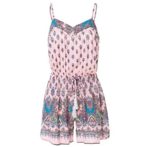Stylish Spaghetti Strap Tiny Floral Drawsting Design Women's Romper - Pink S