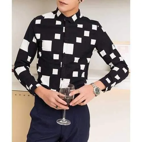 Stylish Turn-Down Collar Color Block Plaid Print Long Sleeve Men's Shirt - Deep Blue L