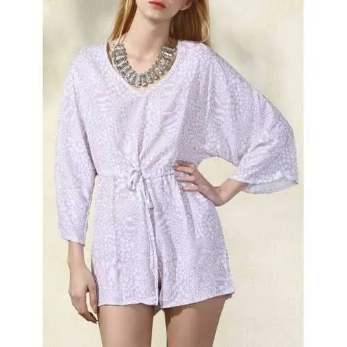 Stylish V-Neck Batwing Sleeve Printed Drawstring Romper For Women - Apricot M