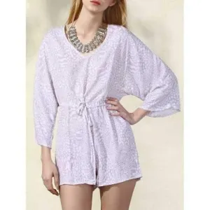 Stylish V-Neck Batwing Sleeve Printed Drawstring Romper For Women - Apricot M