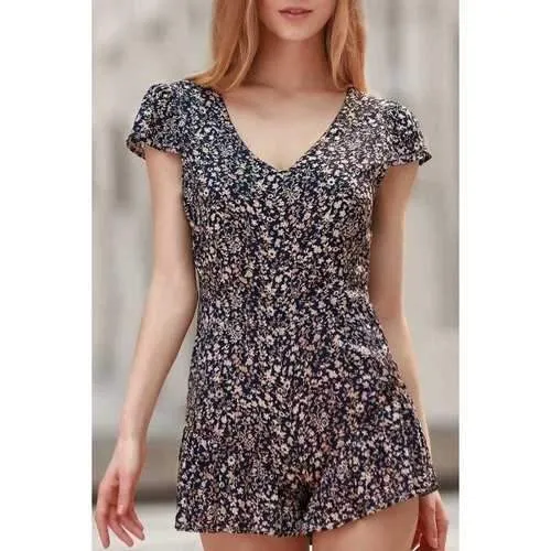 Stylish V Neck Cap Sleeve Tiny Floral Print Women's Playsuit - Blue Xl