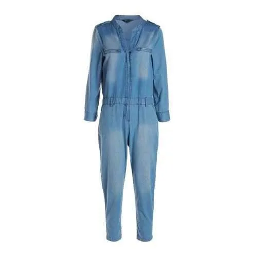Stylish V Neck Long Sleeve Blue Denim Women's Jumpsuit - Blue S