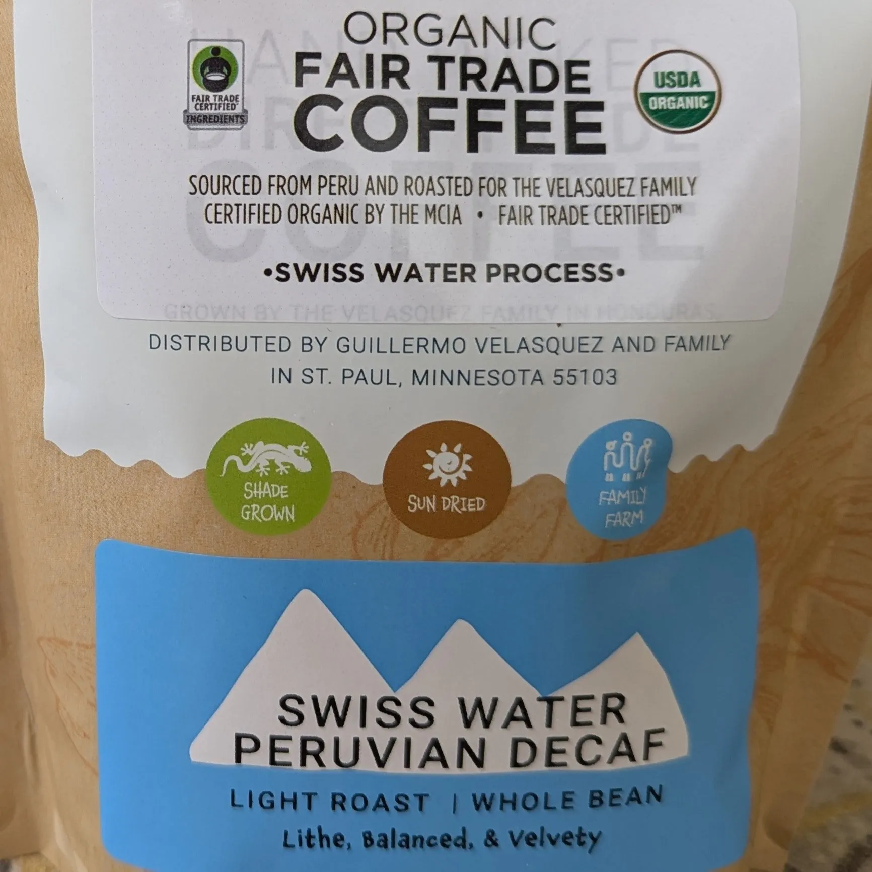 Swiss Water Peruvian Decaffeinated Coffee (light roast) | Lithe, Bright, Buttery Decaf