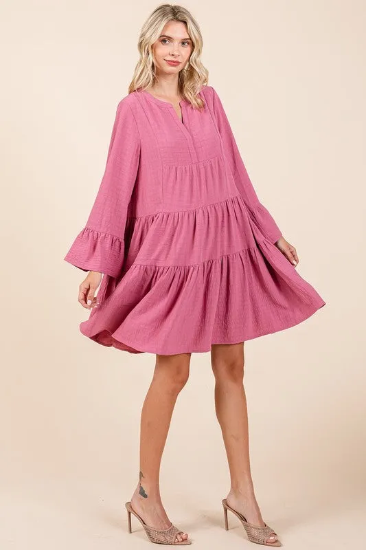 Tiered Notched Flare Sleeve Dress – Fluttering, Playful and Stylish Dress with Ruffled Layers and Trendy Flare Sleeves