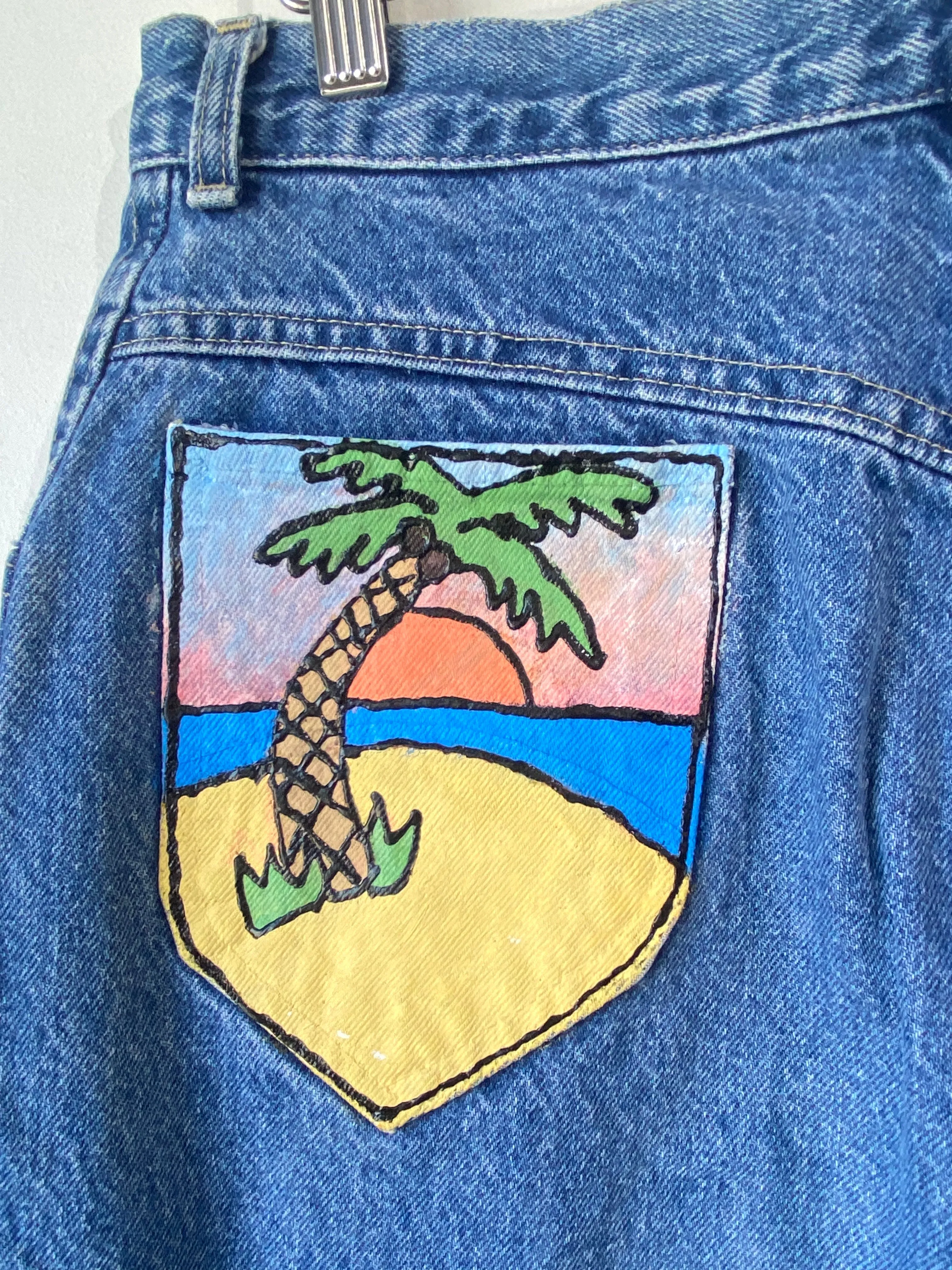 Vintage Chic Hand Painted Flamingo Jeans