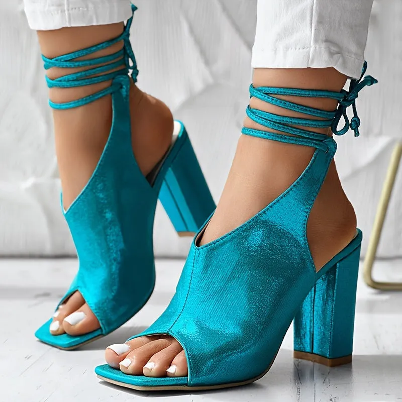 VougeVamp Open-Toe Lace-Up High Heel Sandals – Thick Heel, Stylish & Comfortable