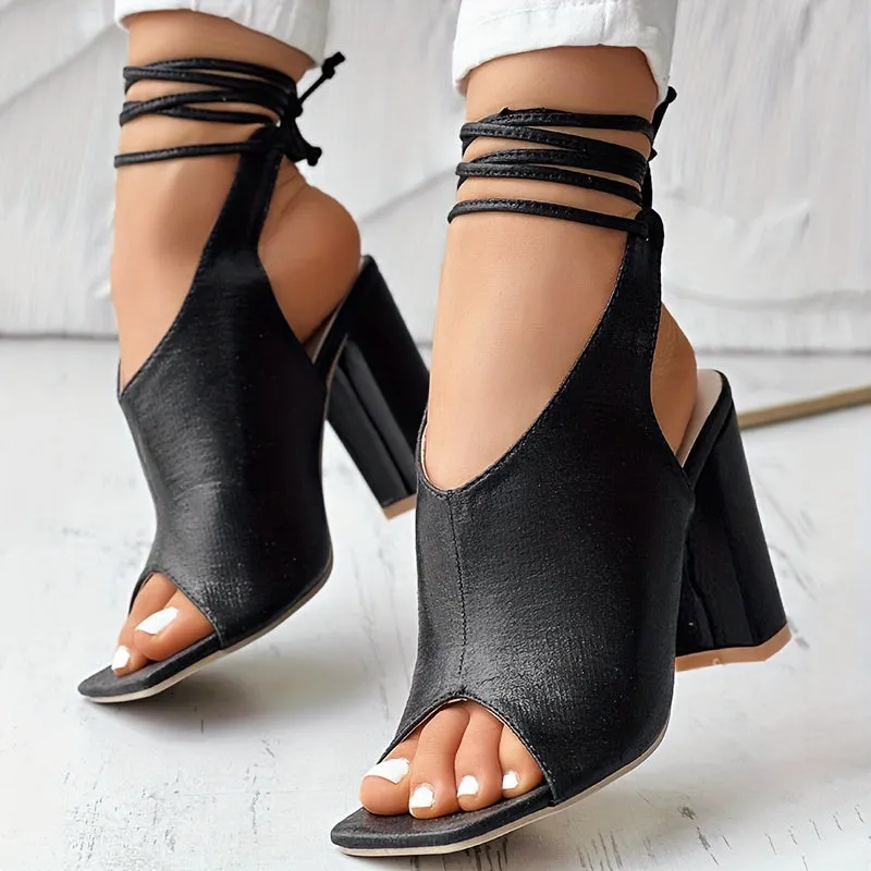 VougeVamp Open-Toe Lace-Up High Heel Sandals – Thick Heel, Stylish & Comfortable