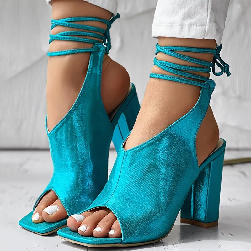 VougeVamp Open-Toe Lace-Up High Heel Sandals – Thick Heel, Stylish & Comfortable