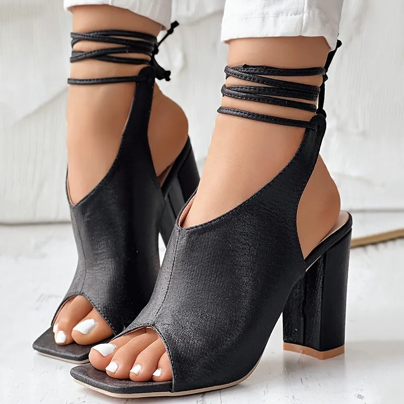 VougeVamp Open-Toe Lace-Up High Heel Sandals – Thick Heel, Stylish & Comfortable