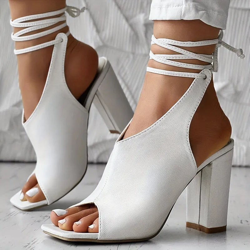 VougeVamp Open-Toe Lace-Up High Heel Sandals – Thick Heel, Stylish & Comfortable