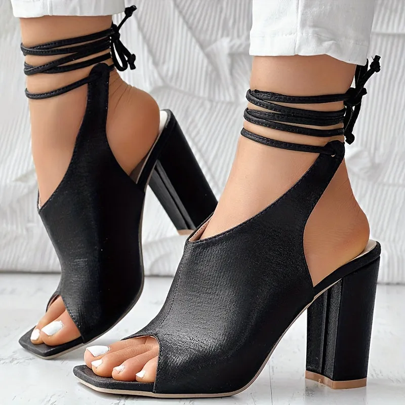 VougeVamp Open-Toe Lace-Up High Heel Sandals – Thick Heel, Stylish & Comfortable